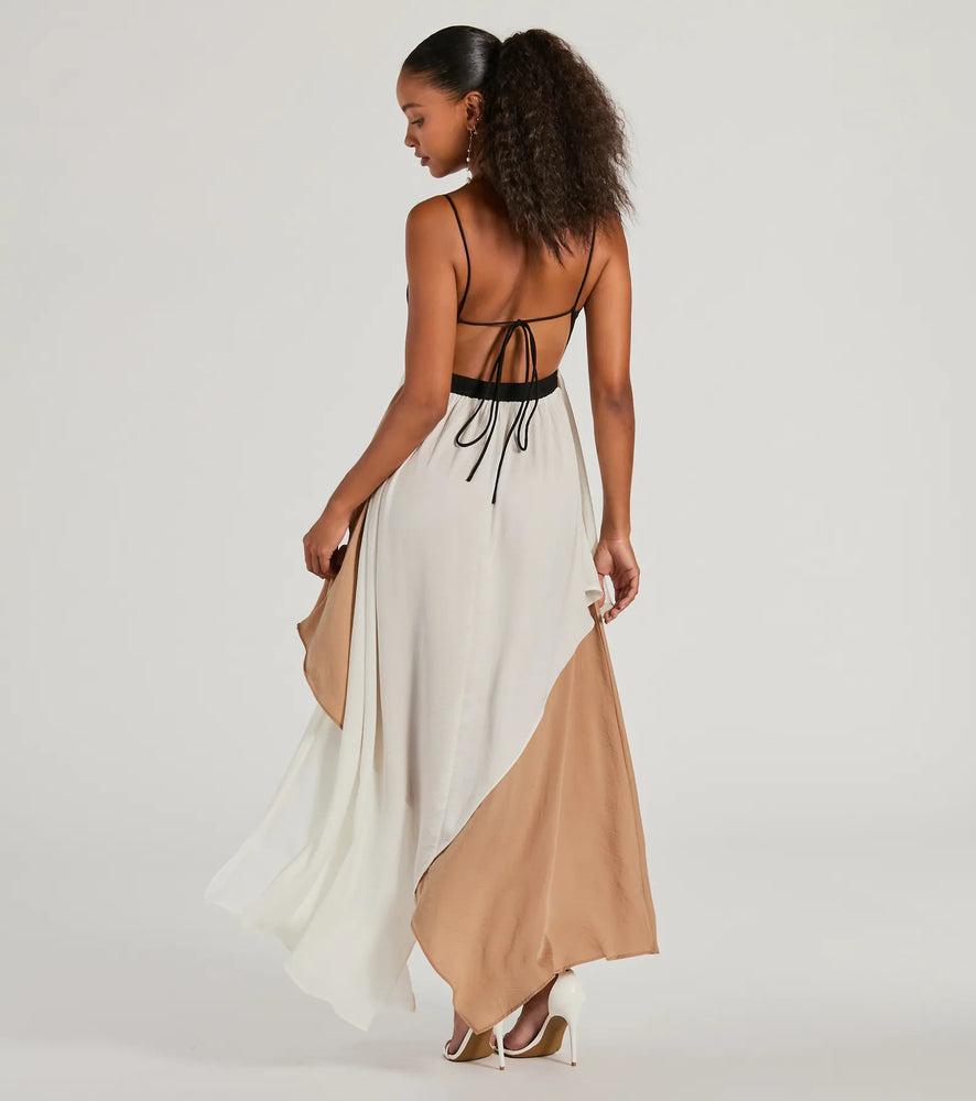 Windsor Chic Passion V-Neck Color Block Maxi Dress in Black