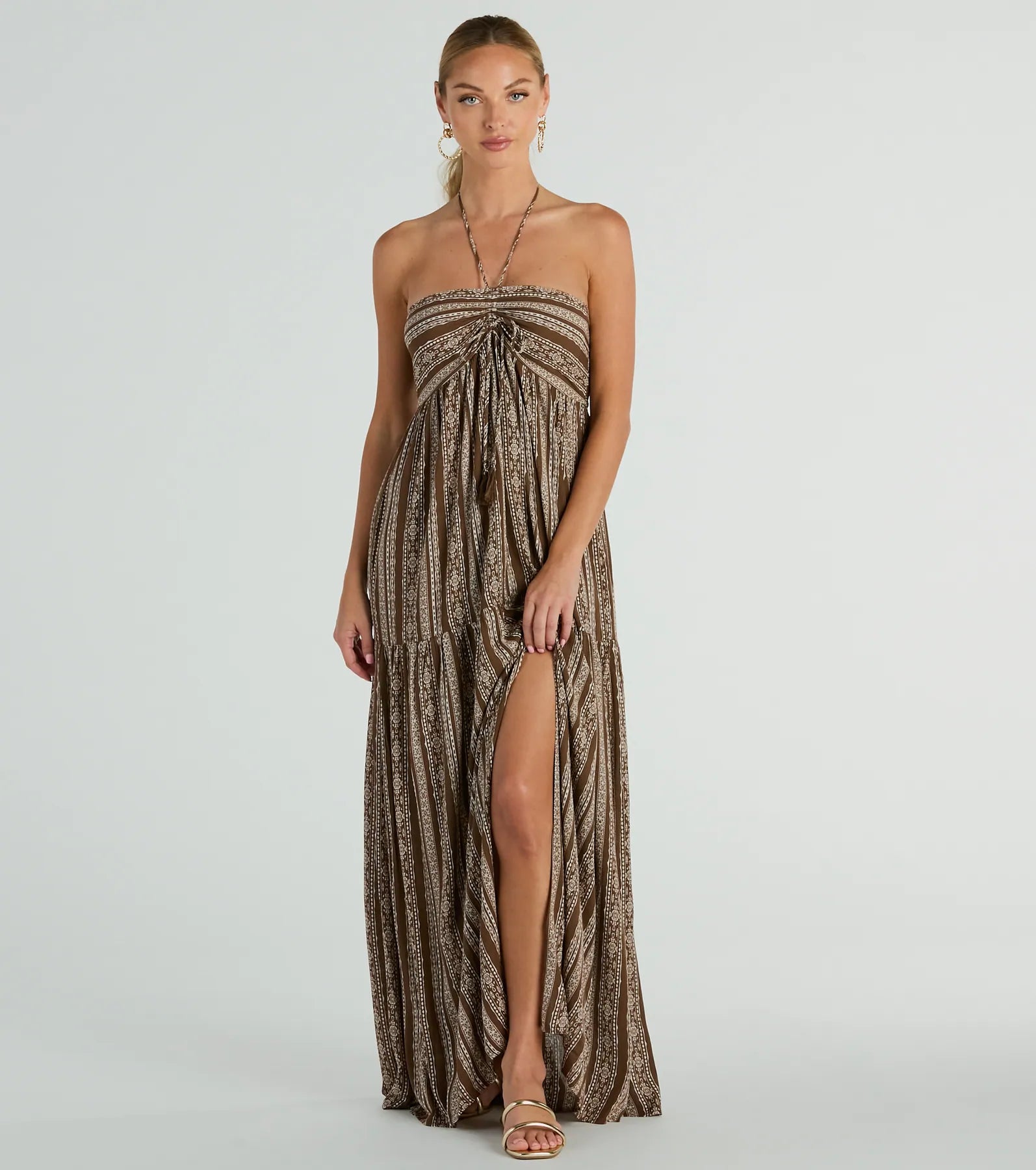 Halter Sleeveless Spaghetti Strap Pocketed Flowy Slit General Print Maxi Dress With Ruffles