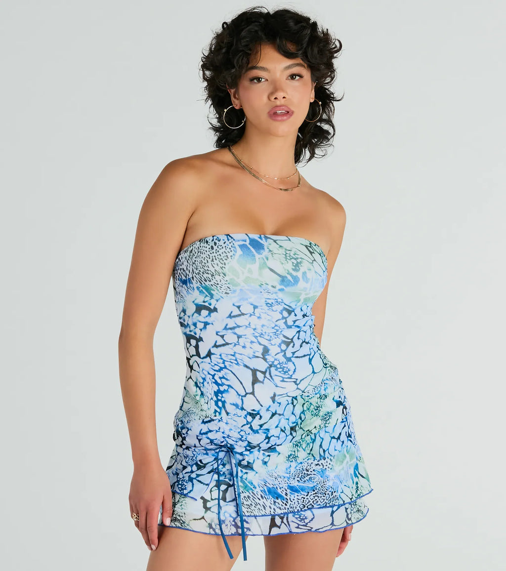 Vibrant strapless butterfly print mini dress Orange Blue
