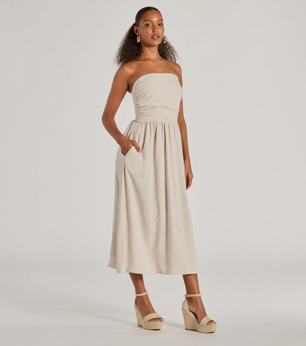 Effortlessly elevated linen-blend strapless dress Natural