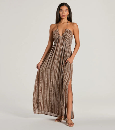 Bohemian-chic geometric striped backless long dress Brown
