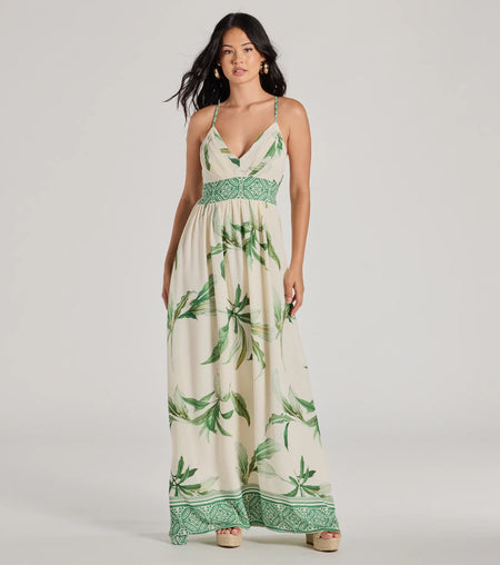 Fiji Feeling Sleeveless Lace Up Tropical Maxi Dress Natural