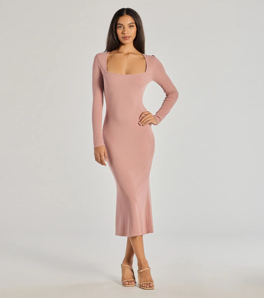 Basic Cutie Long Sleeve Knit Midi Dress in Mauve