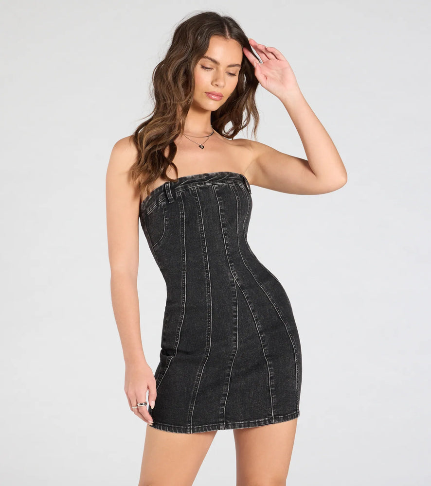 Stylish Jeanius Strapless Denim Mini Dress in Black Denim