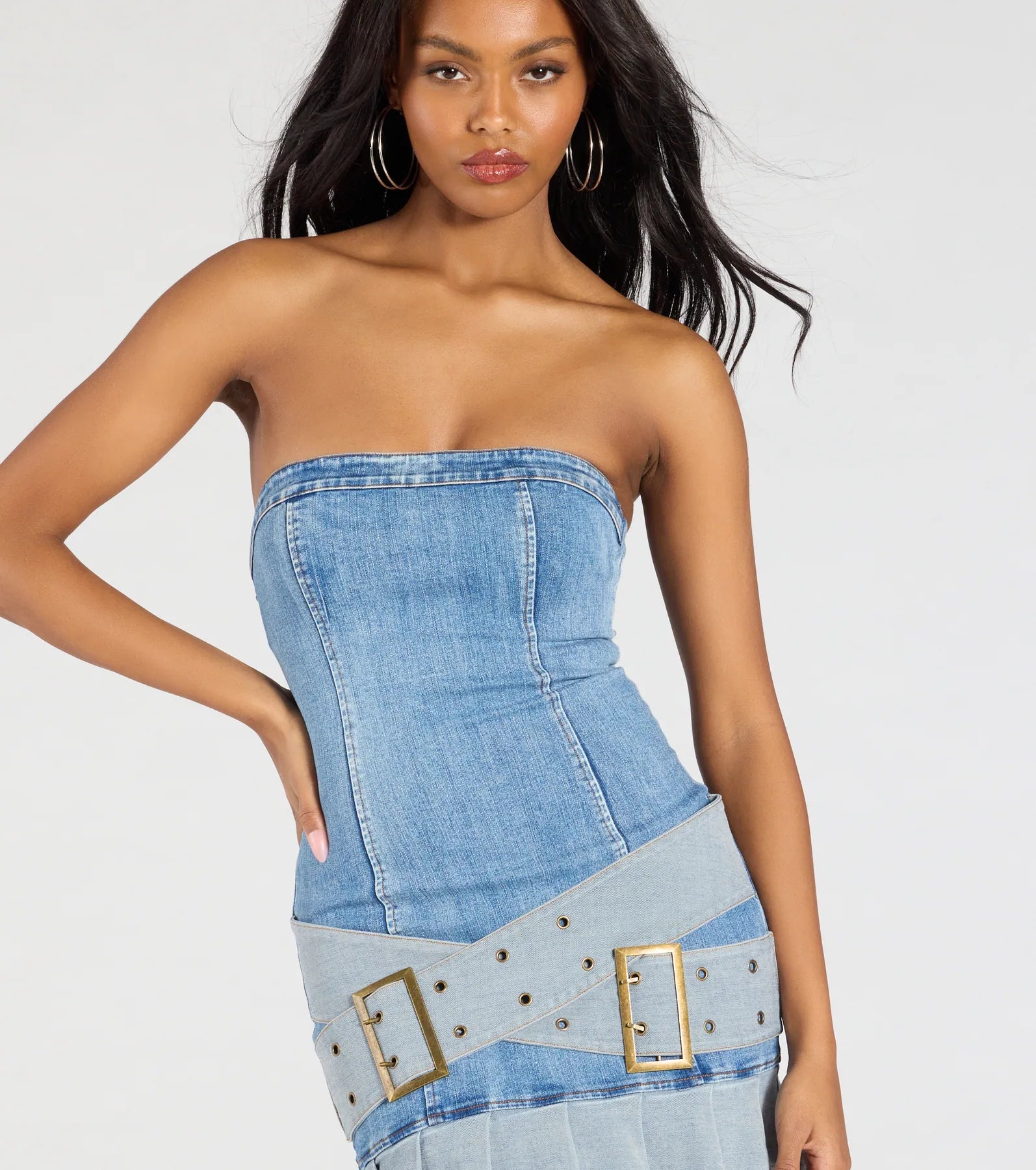 Trend Moment Denim Belted Pleat Mini Dress