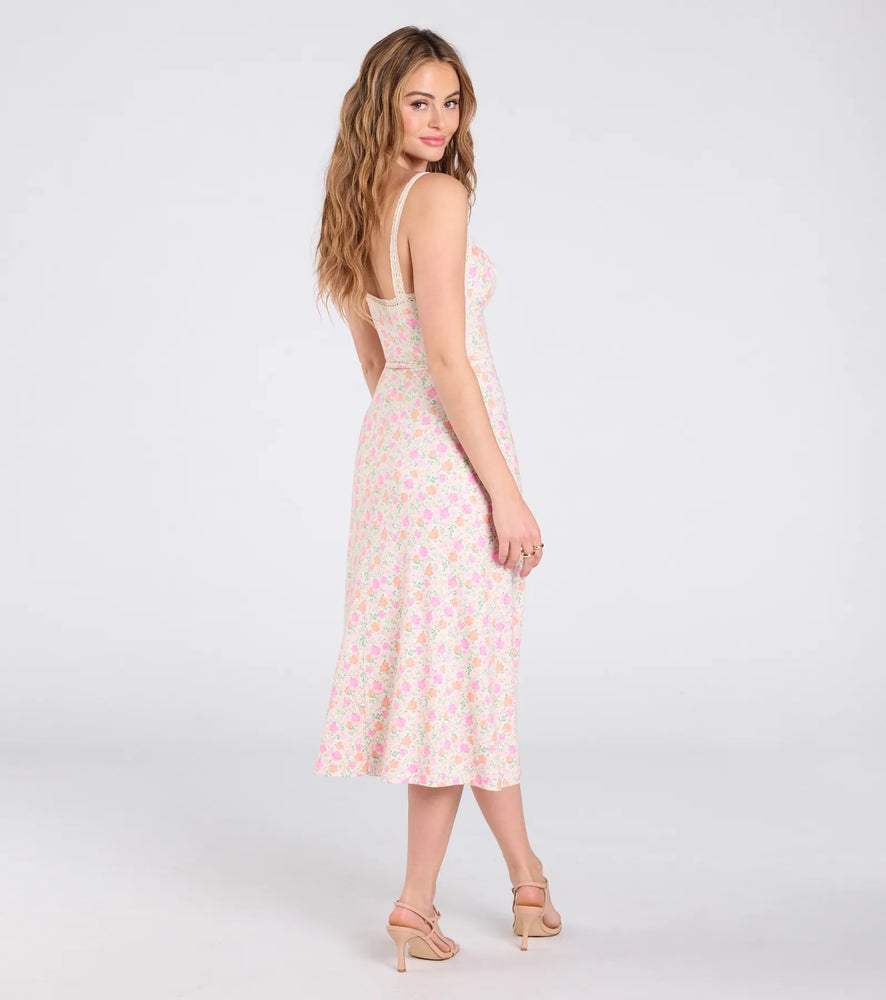 Darling Vibe Ditsy Floral A-Line Midi Dress in Ivory