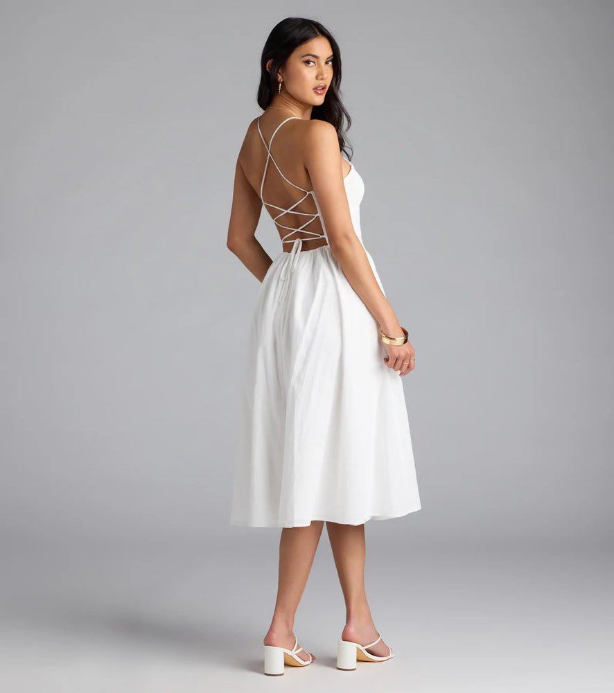 Windsor Easy And Breezy Lace-Up Midi Dress With Pockets in Ivory