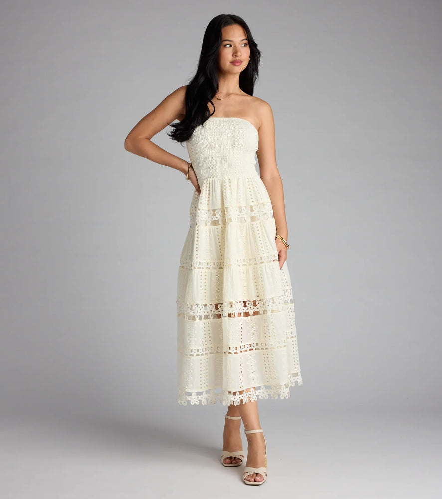 Lovely Day Eyelet A-Line Midi Dress in Ivory