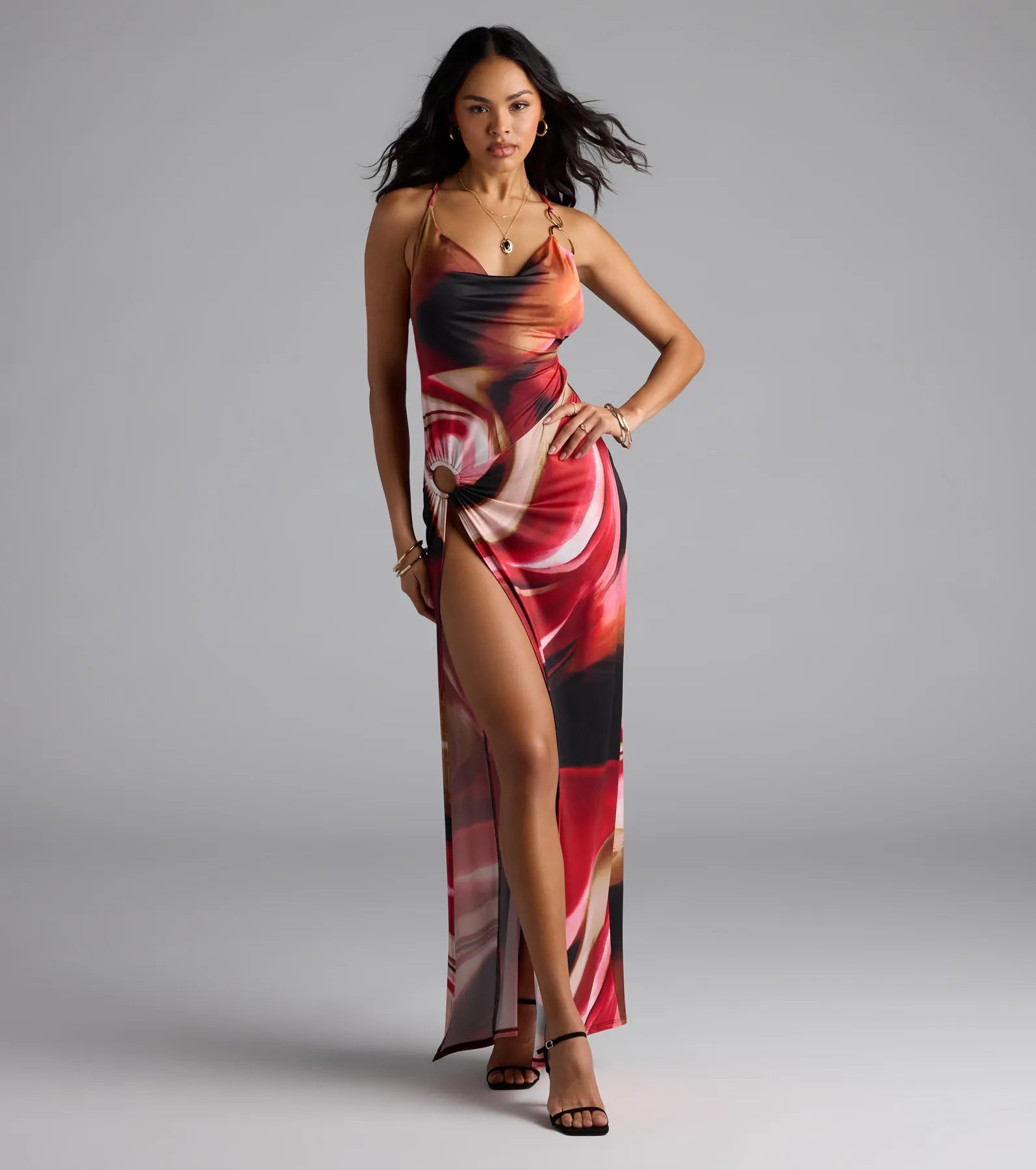 She’s A Vision Abstract Cowl Slit Maxi Dress