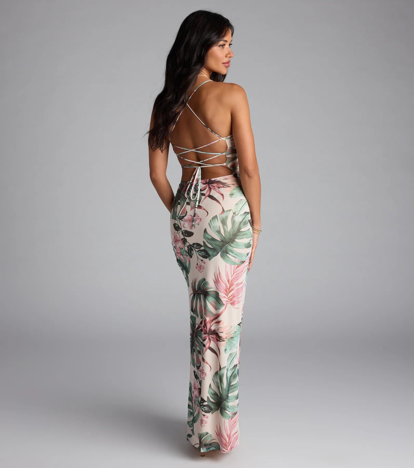 Windsor Kiss The Sun Tropical Lace-Up Slit Maxi Dress in Natural