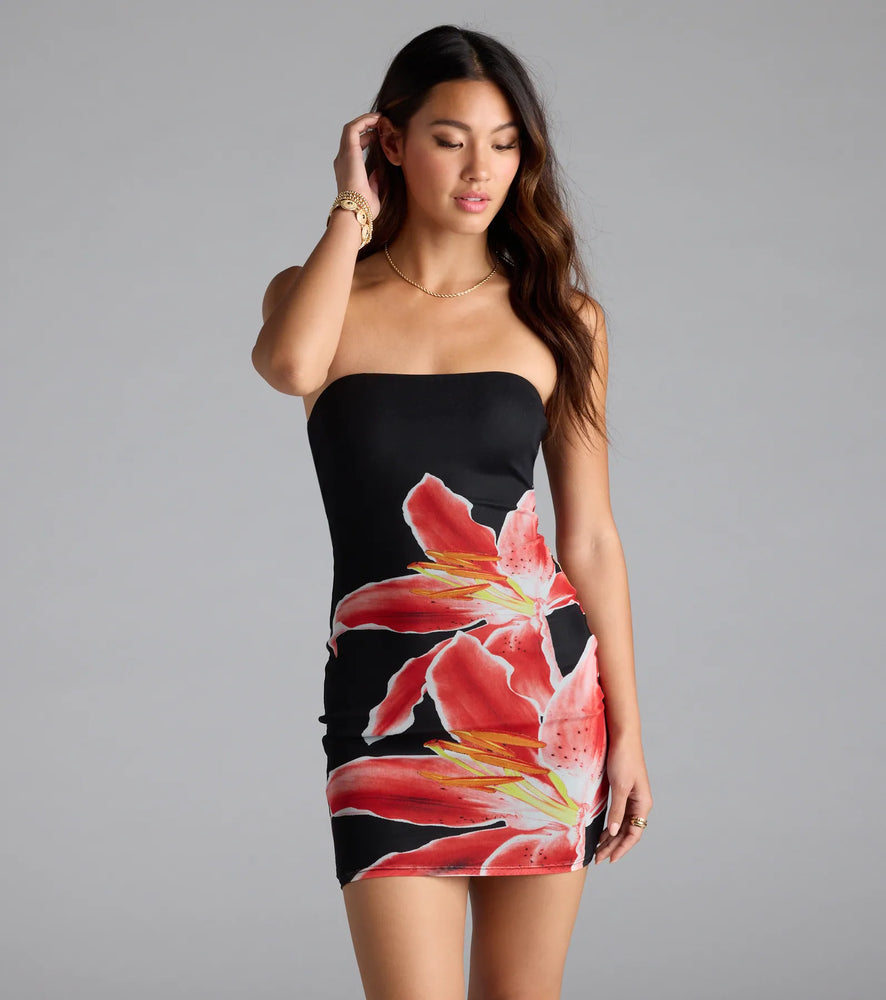 Windsor Sun Kissed Strapless Floral Bodycon Mini Dress in Black