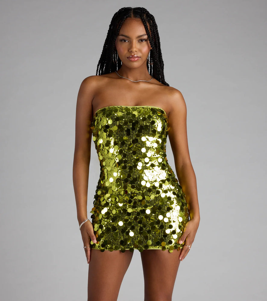 Windsor Party-Starter Sequin Strapless Bodycon Mini Dress in Lime Yellow