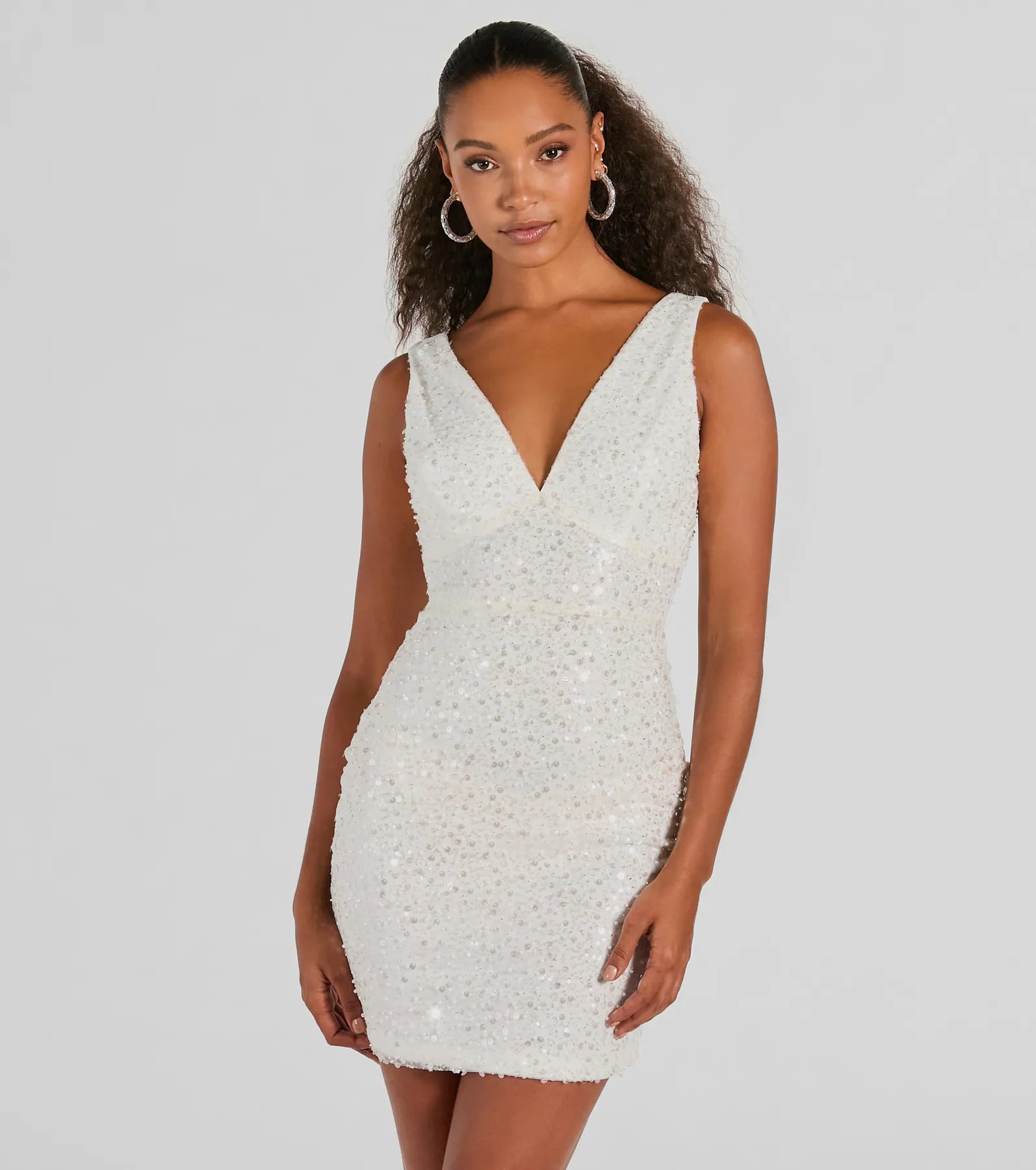 V-neck Short Knit Sequined Sheer Beaded Mesh Back Zipper Bodycon Dress/Party Dress With Pearls