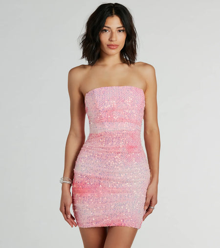 Enchanting Muse Iridescent Sequin Mini Dress Pink Light Blue Lavender