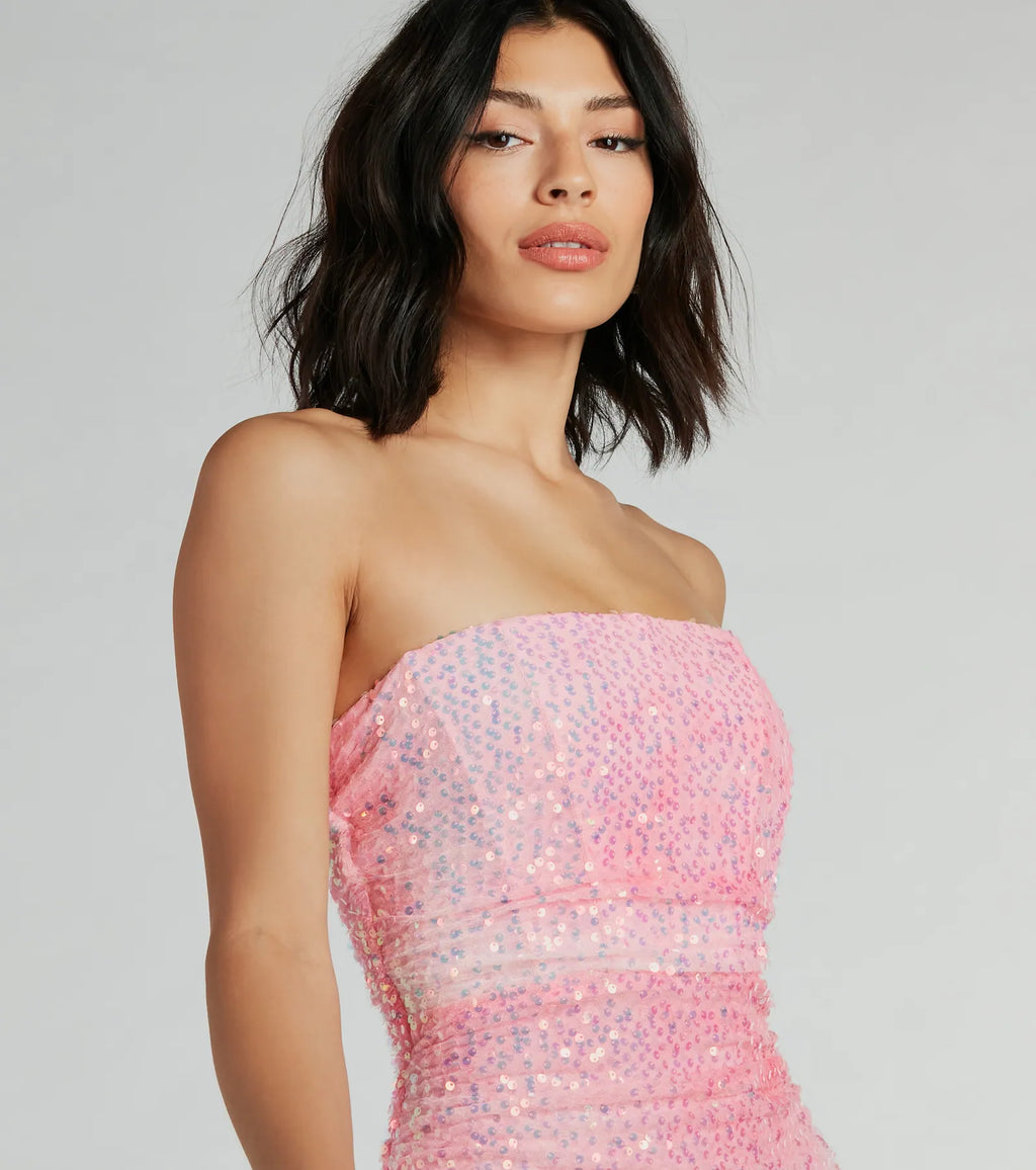 Enchanting Muse Iridescent Sequin Mini Dress Pink Light Blue Lavender