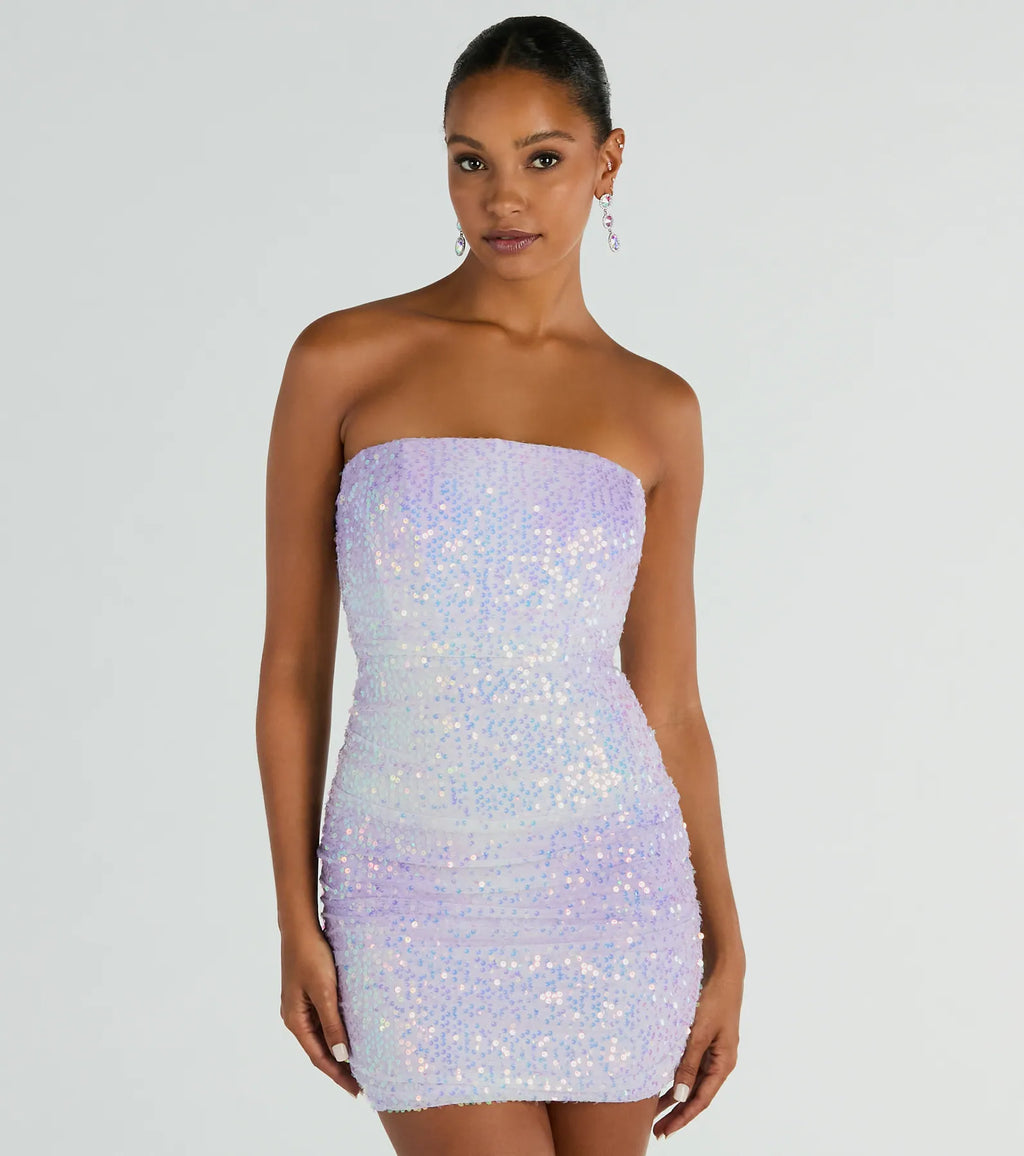 Enchanting Muse Iridescent Sequin Mini Dress Pink Light Blue Lavender