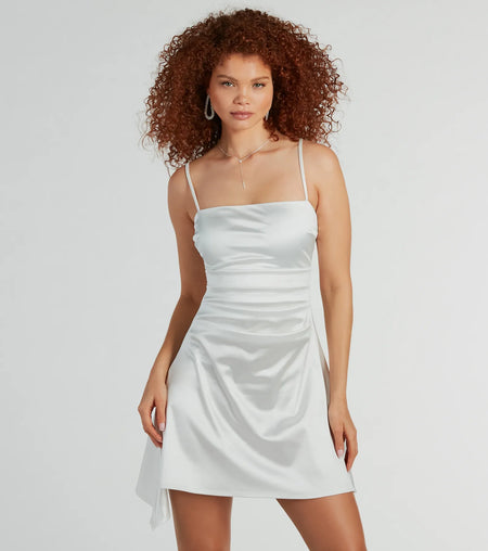 Glamor Feeling Square Neck Satin Skater Dress White-3 White