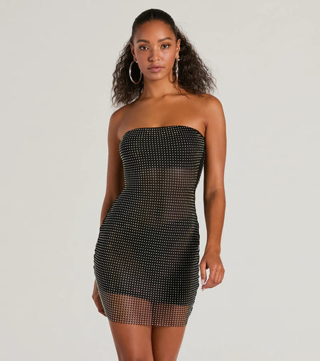 Dancing Babe Strapless Rhinestone Fishnet Mini Dress Black