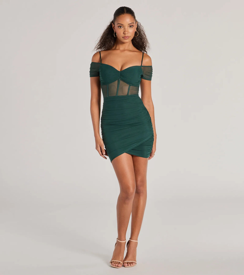 Elegant Existence off-the-shoulder mesh mini dress Hunter