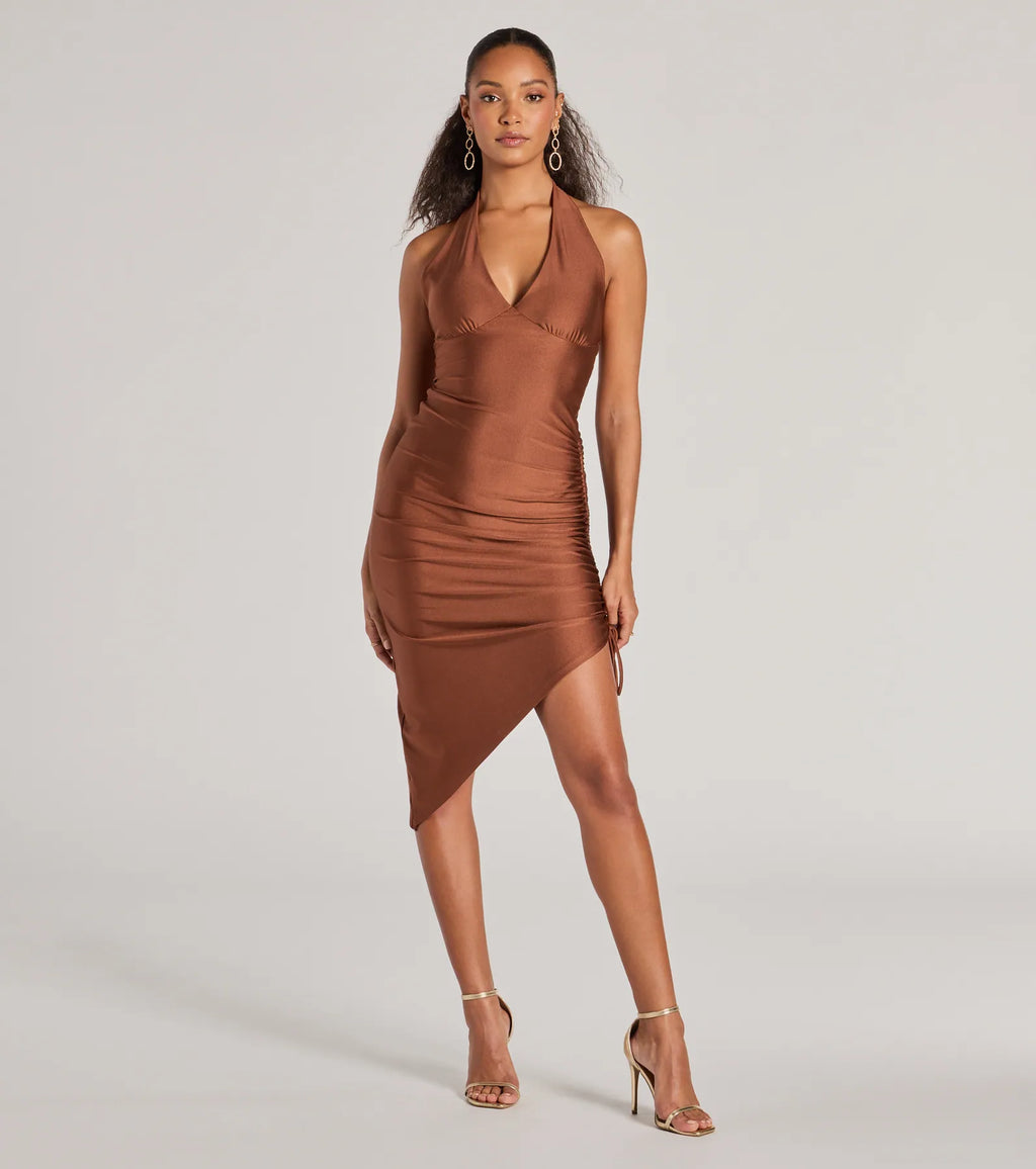 Exclusive sensual backless bodycon mid-length dress with V-neck Brown