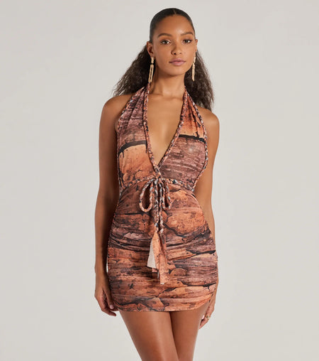Style Muse Braided Knit Plunge Backless Mini Dress Brown