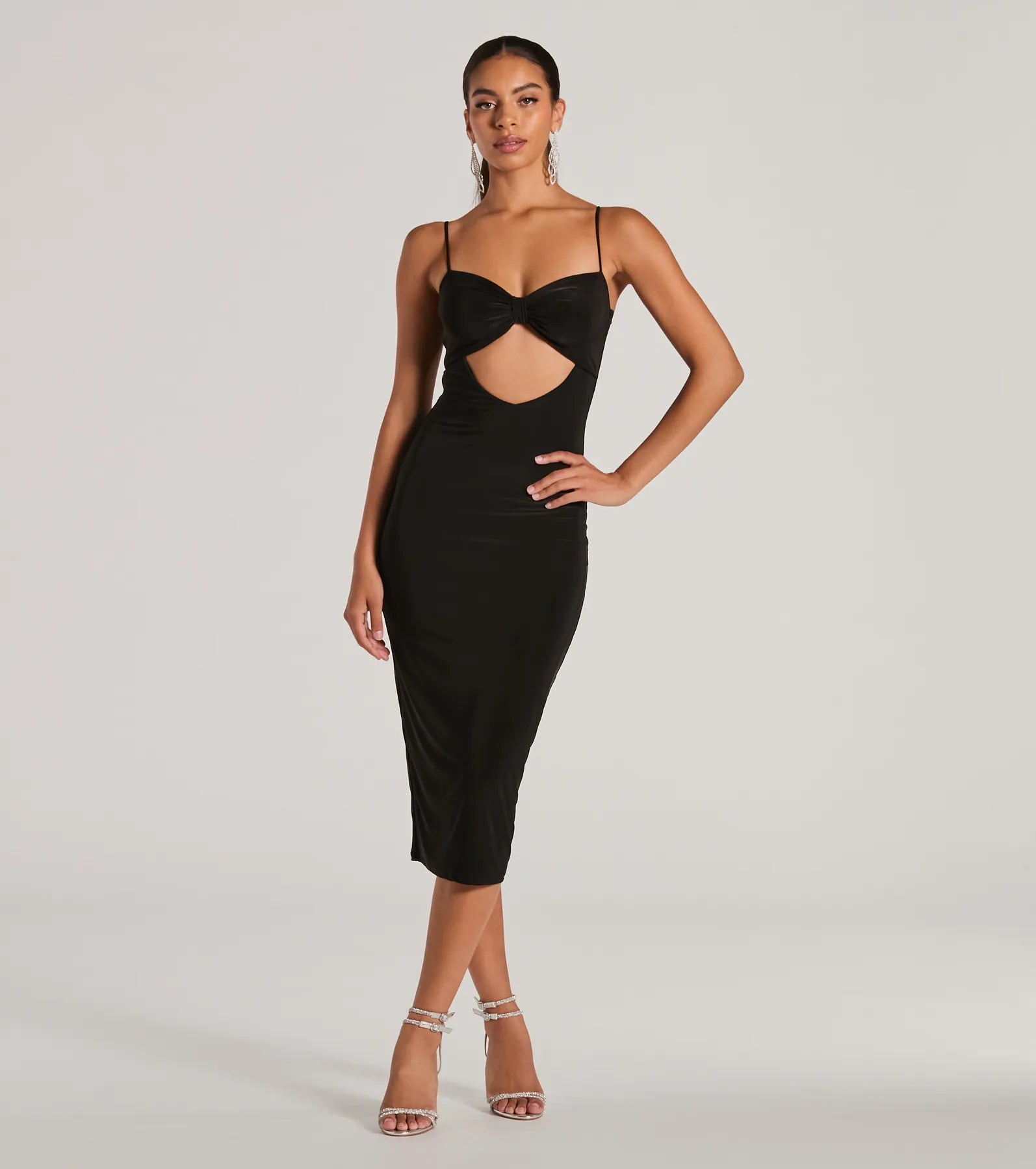 Sweetheart Knit Sleeveless Spaghetti Strap Cutout Bodycon Dress/Midi Dress With a Bow(s)