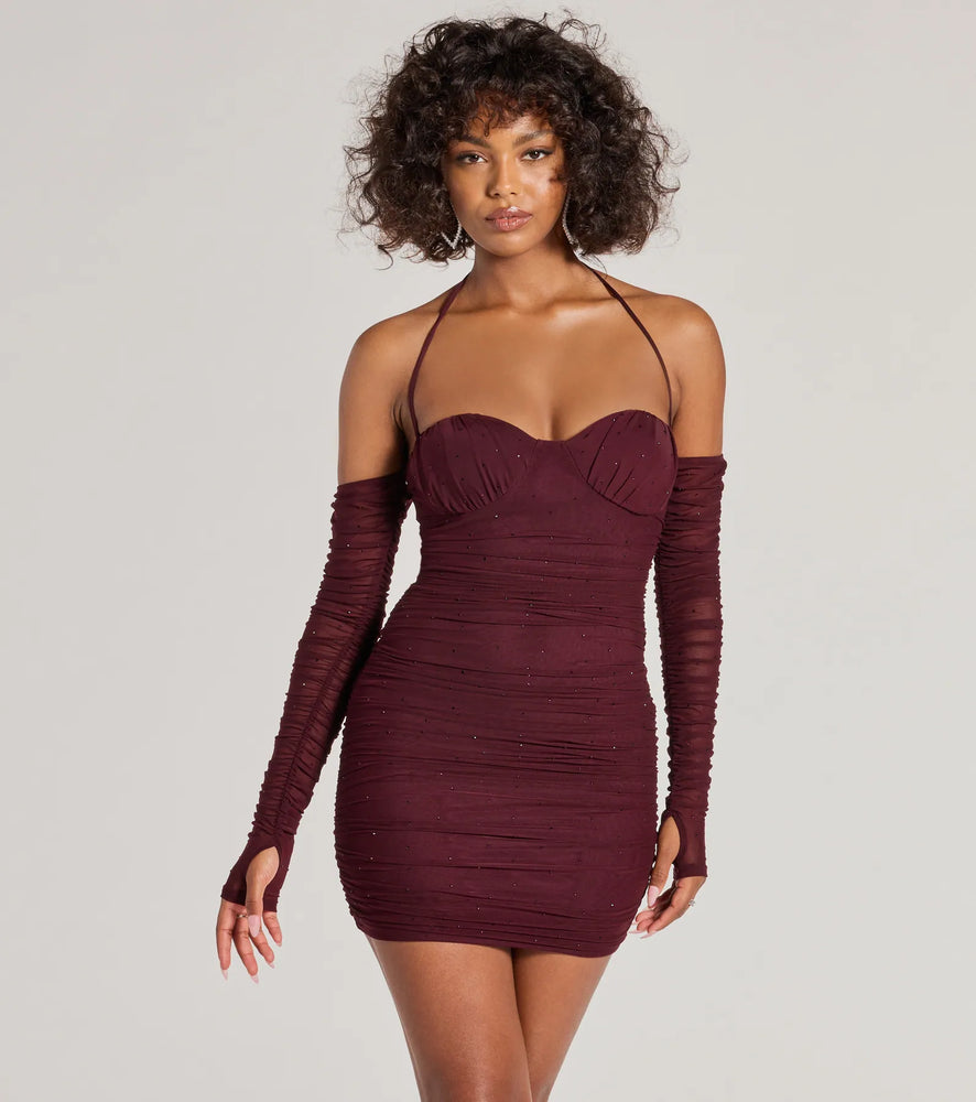 Glam Instinct Cold Shoulder Rhinestone Mini Dress in Raisin