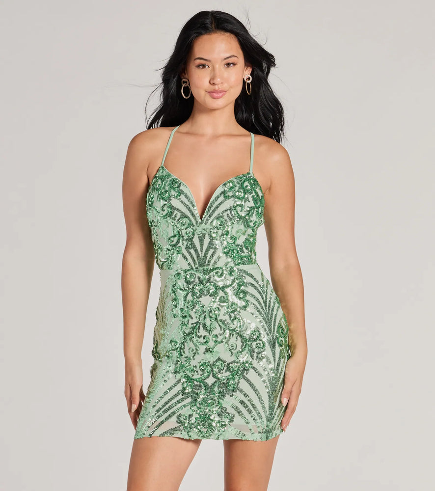 Windsor Let Me Glow Lace-Up Sequin Mini Dress in Sage