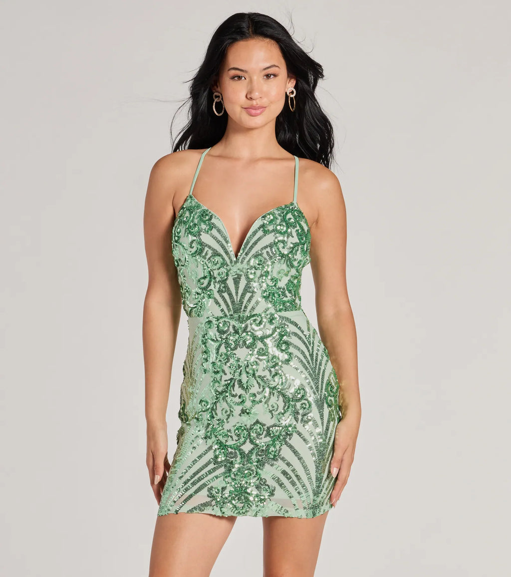 Let Me Glow lace-up and sequin short dress Navy Sage