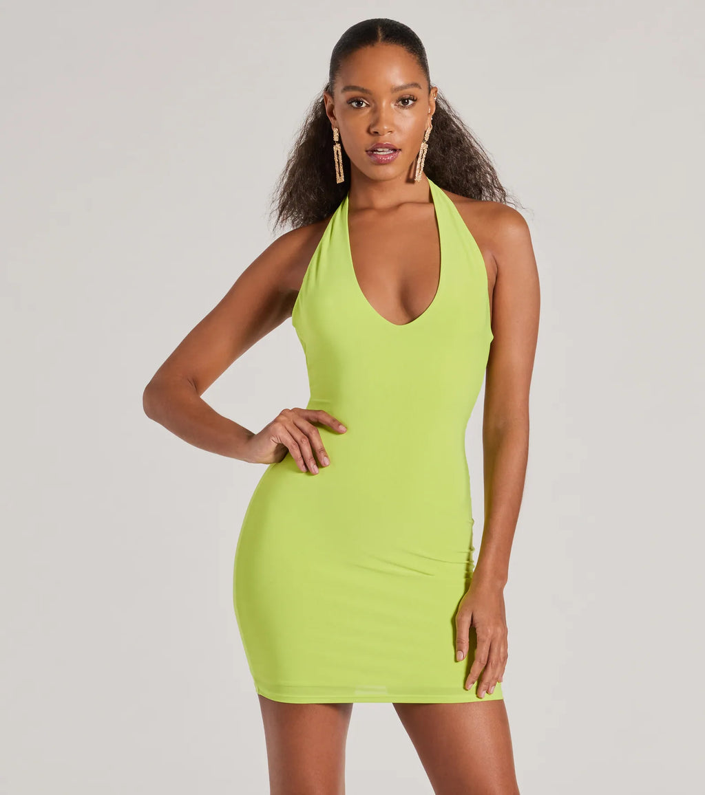 Sultry Moves Plunge Backless Bodycon Mini Dress Orange Royal Lime