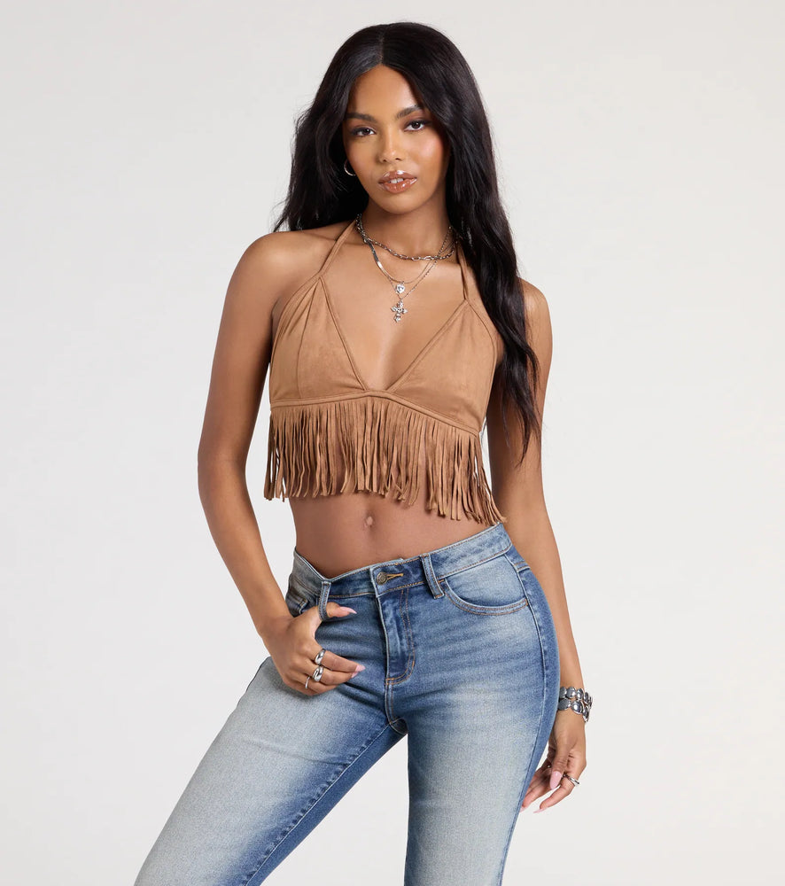 Shake It Halter Fringe Crop Top in Brown