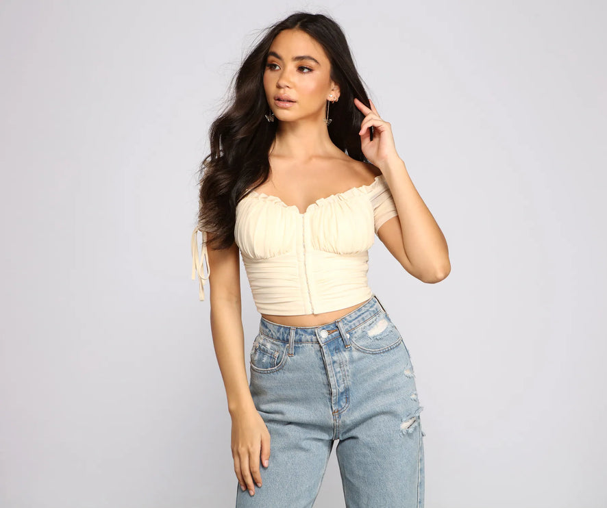 Hooked In Ruched Crop Top in Beige