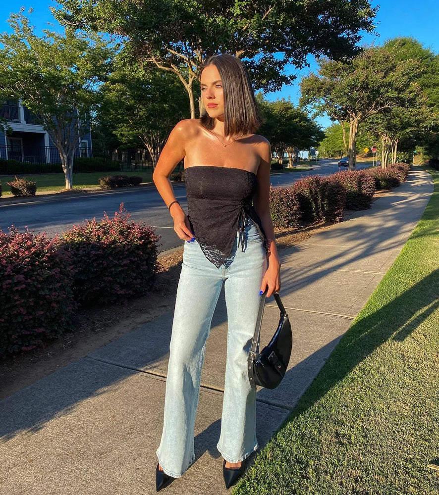 Sheer Charm Strapless Lace Crop Top in Black