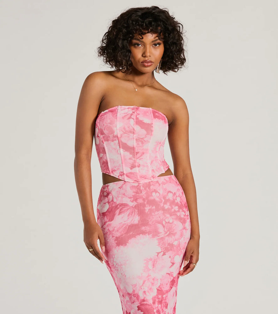 Windsor Floral Sensation Strapless Crop Bustier Top in Pink