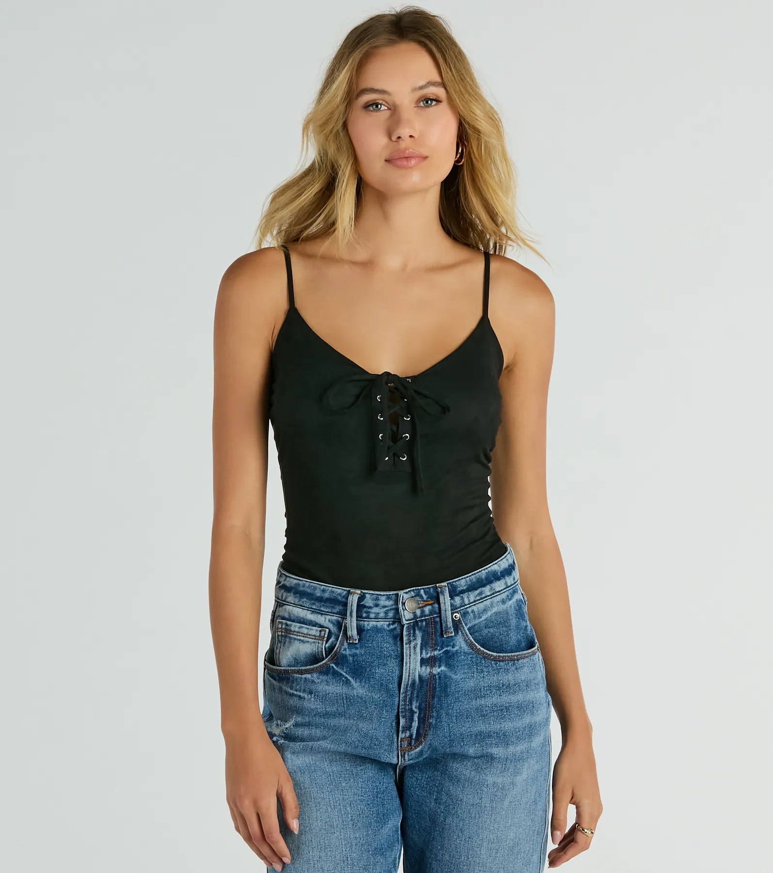 Lace Me Up Sleeveless Faux Suede Bodysuit