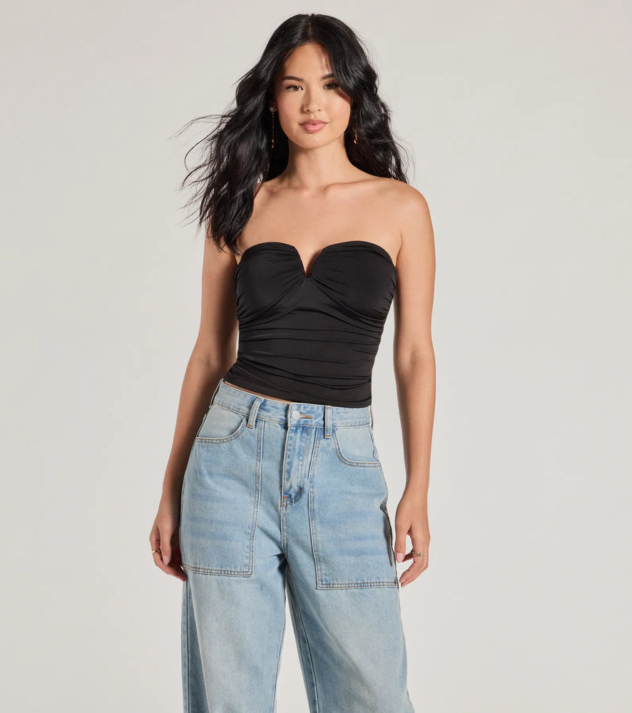Flirty Find Strapless Ruched Knit Crop Top in Black