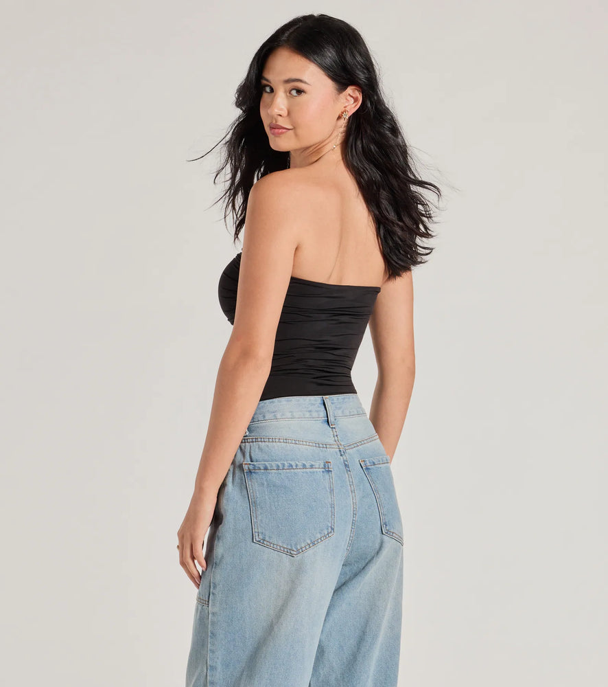 Flirty Find Strapless Ruched Knit Crop Top in Black