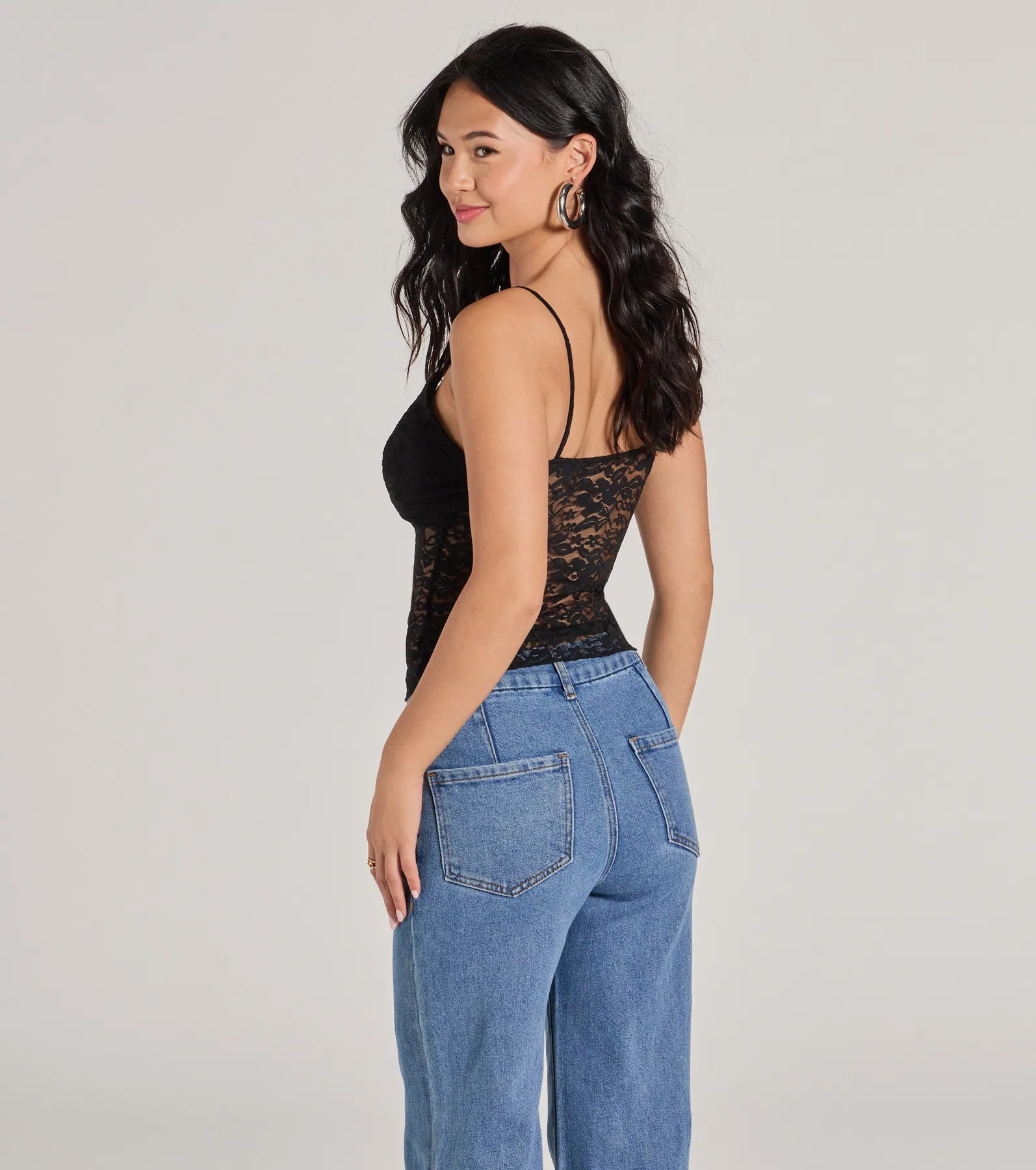 Windsor Sheerly Sultry V-Neck Lace Crop Top in Black