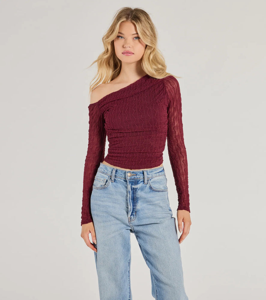 Elevated Trend Mesh Off-Shoulder Long Sleeve Top in Plum