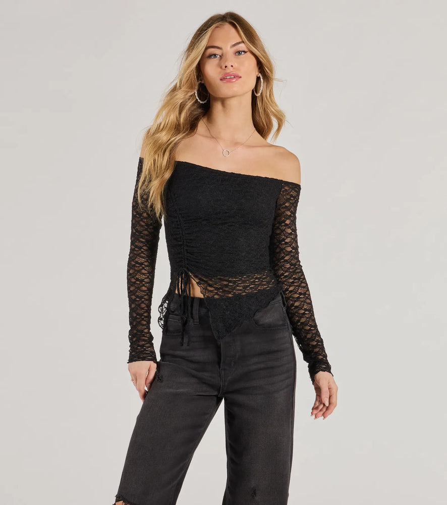 Trendy Babe Off-The-Shoulder Ruched Lace Top in Black