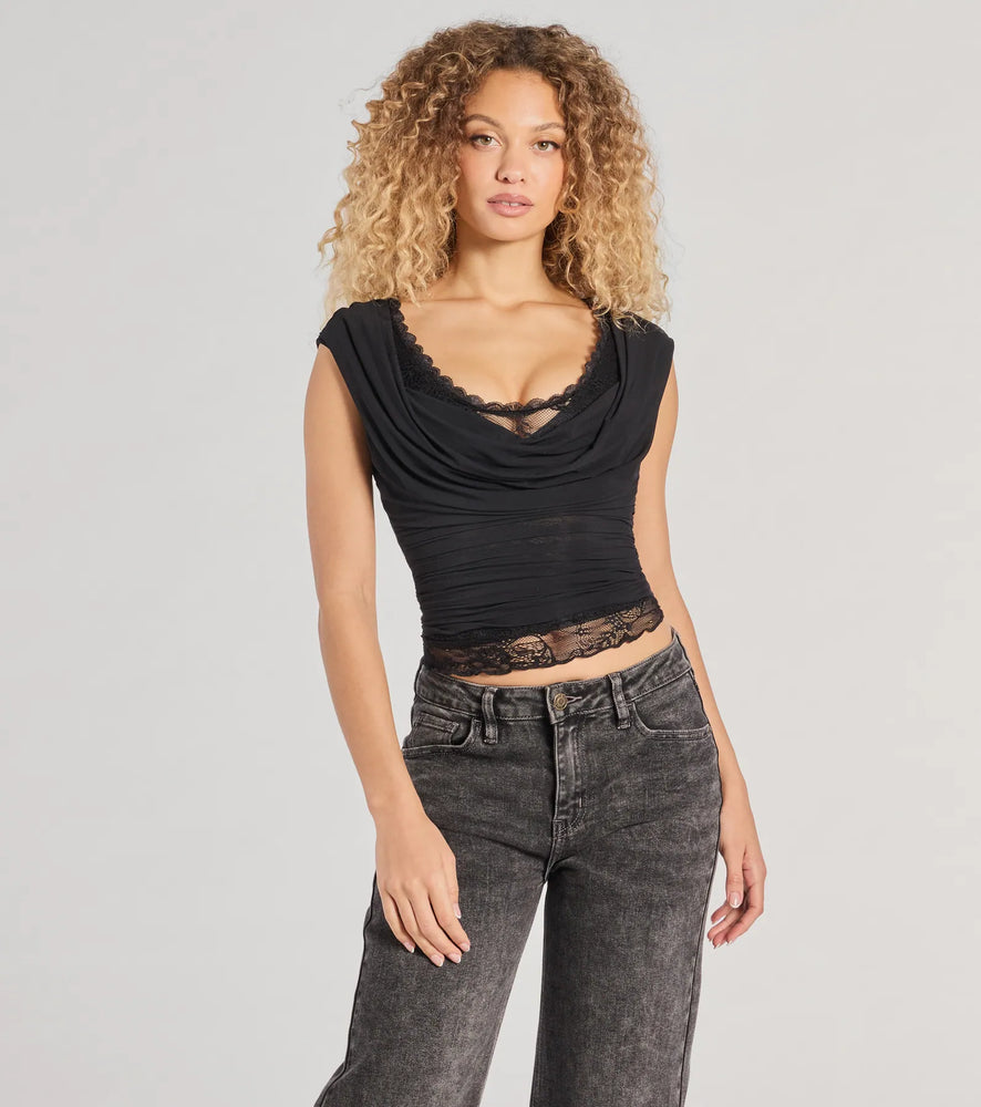 Just A Peek Cap Sleeve Lace Mesh Crop Top in Black