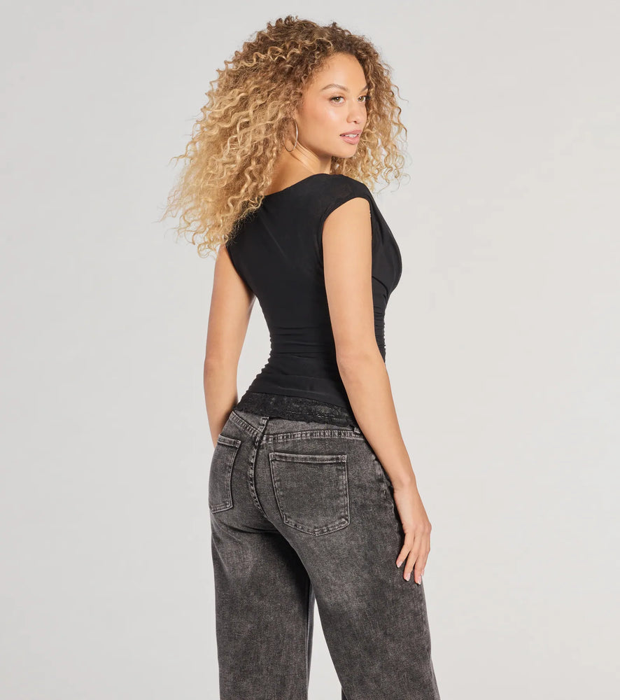 Just A Peek Cap Sleeve Lace Mesh Crop Top in Black