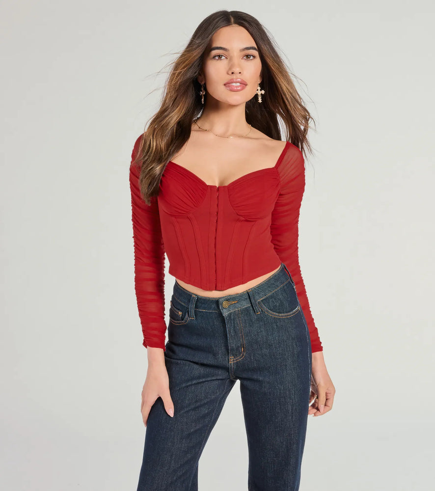 Downtown Looks Long Sleeve Mesh Bustier Top in Red