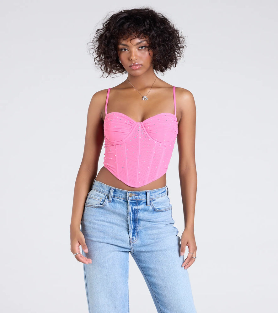 Windsor Stunned By Luxe Rhinestone Mesh Bustier Top in Pink-2