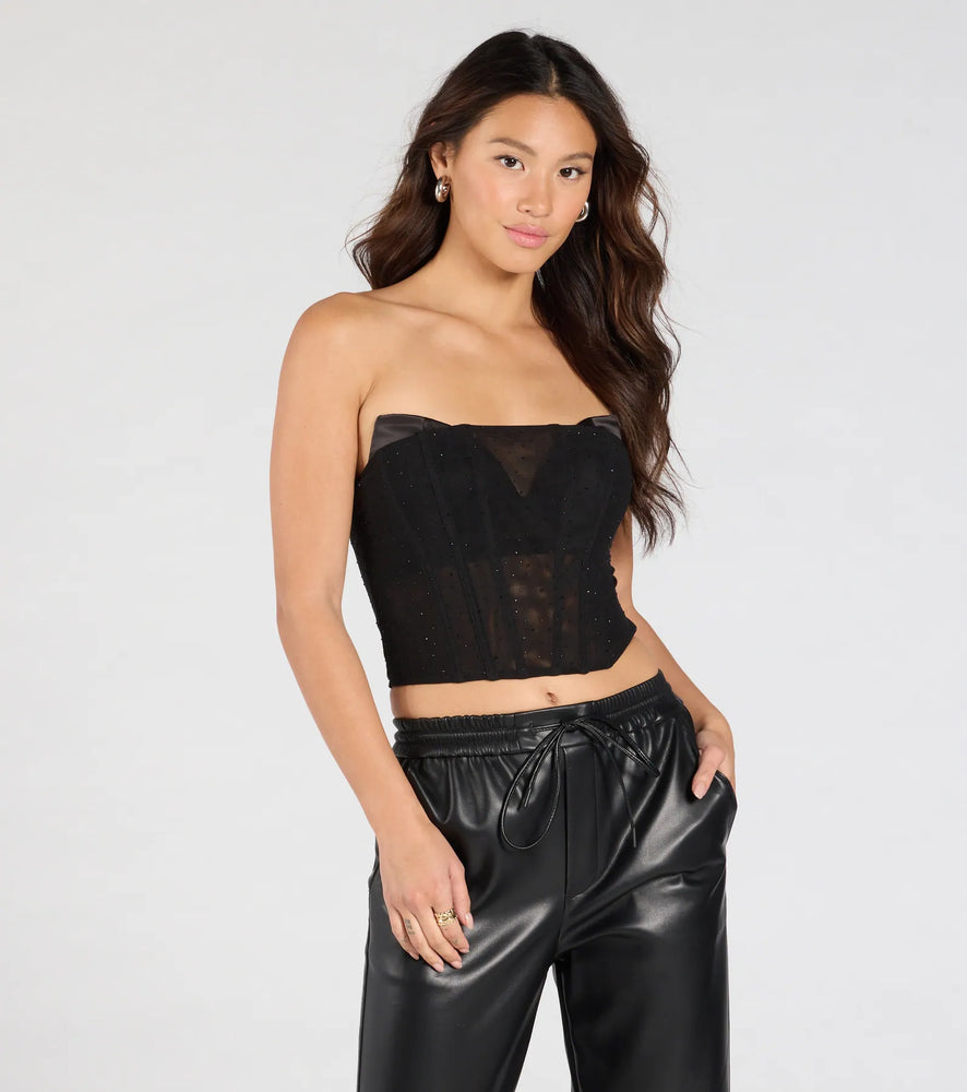 Windsor All Eyes On You Rhinestone Mesh Corset Top in Black