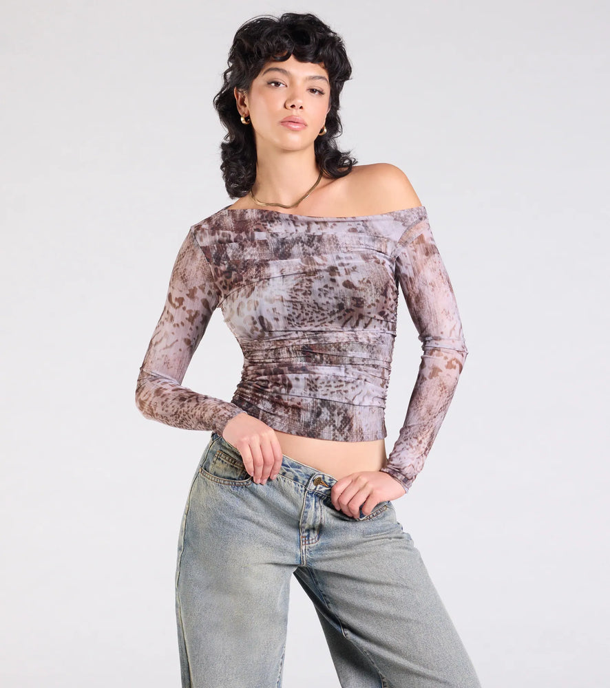 Wildly Chic Long Sleeve Abstract Print Crop Top in Multi-2