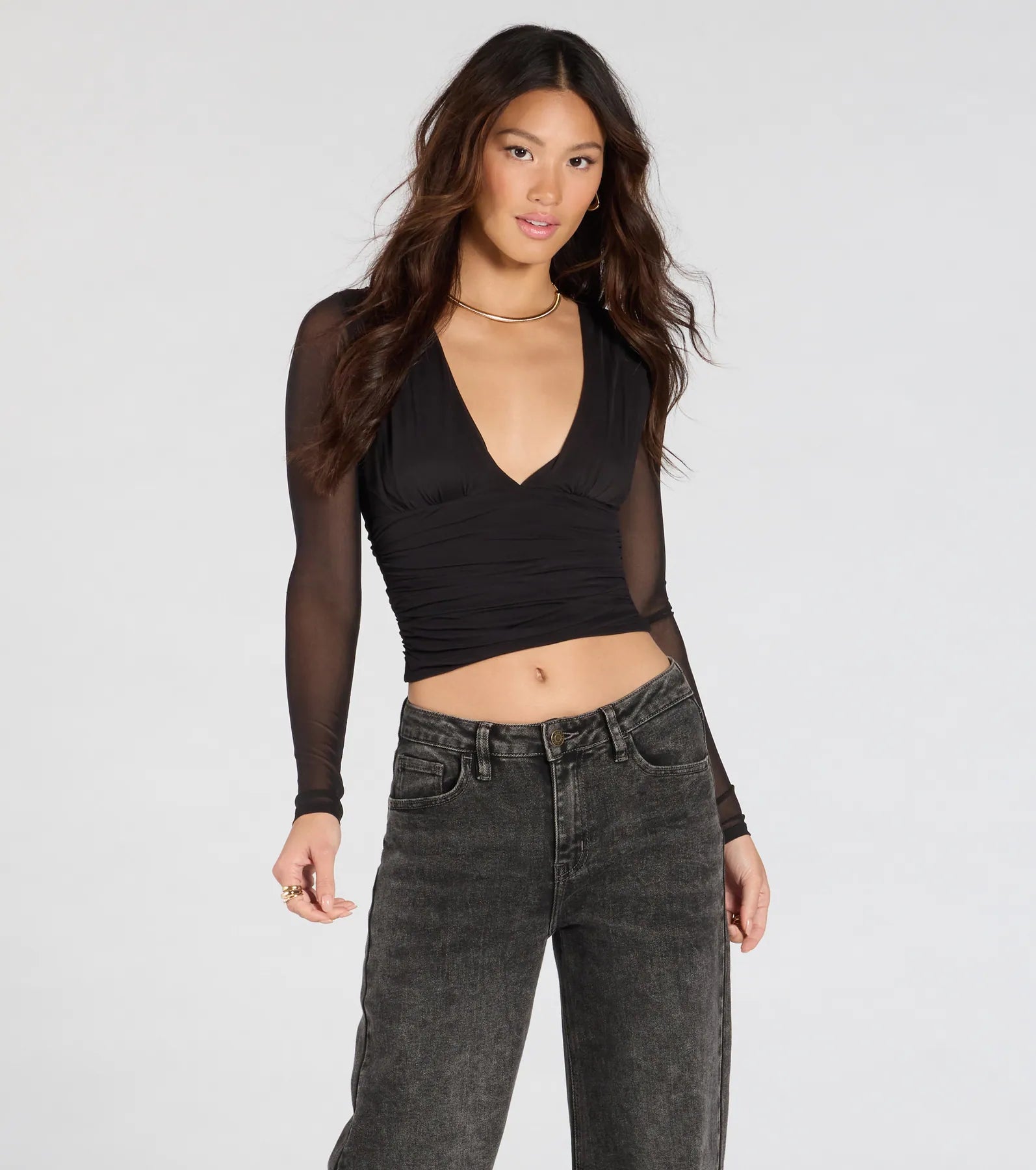 Sassy Style Print Mesh Long Sleeve Top in Black
