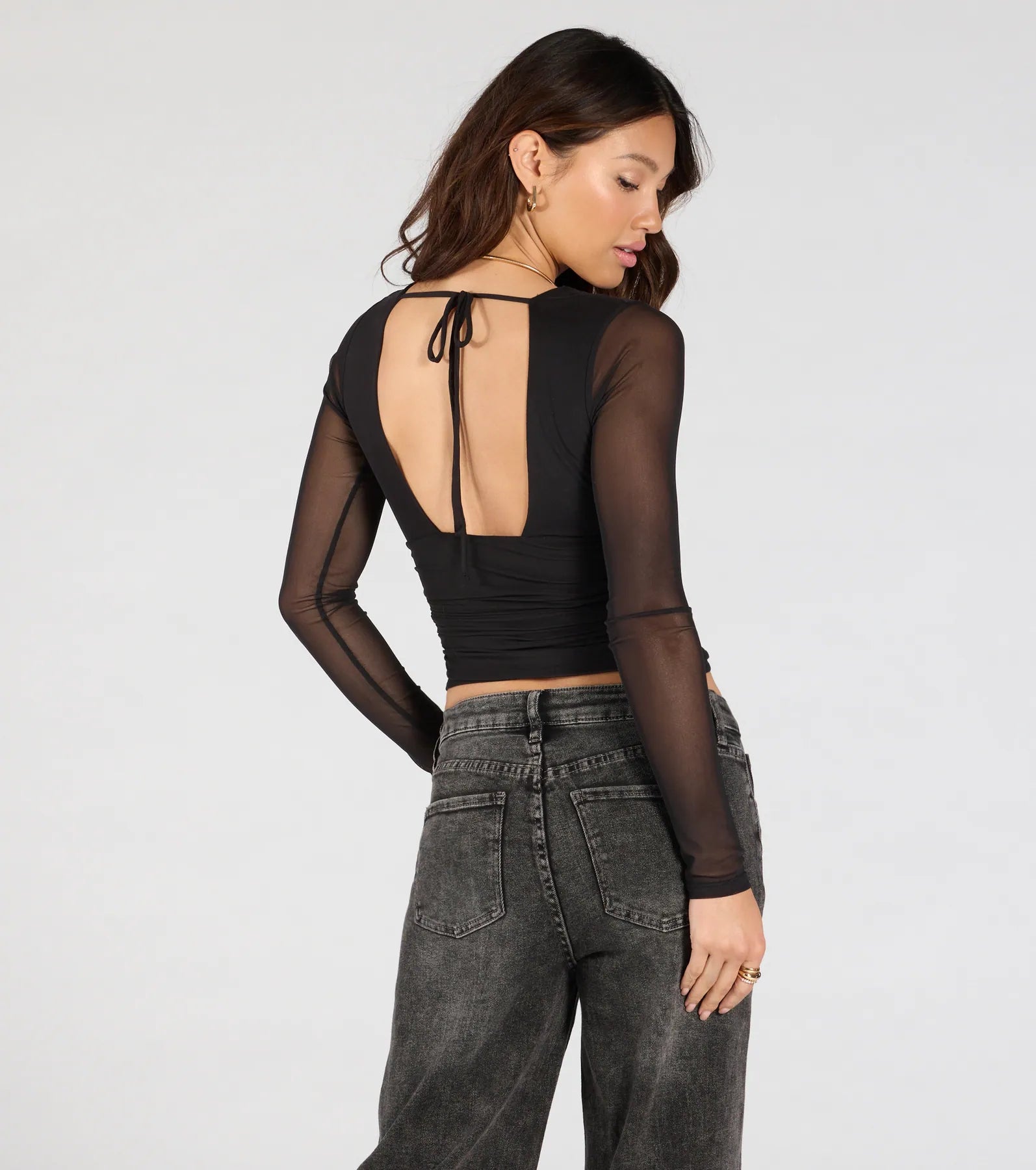 Sassy Style Print Mesh Long Sleeve Top in Black