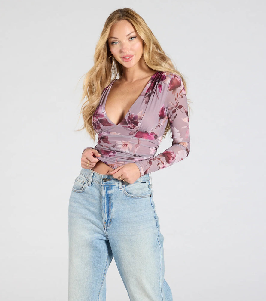 Sassy Style Print Mesh Long Sleeve Top in Mauve