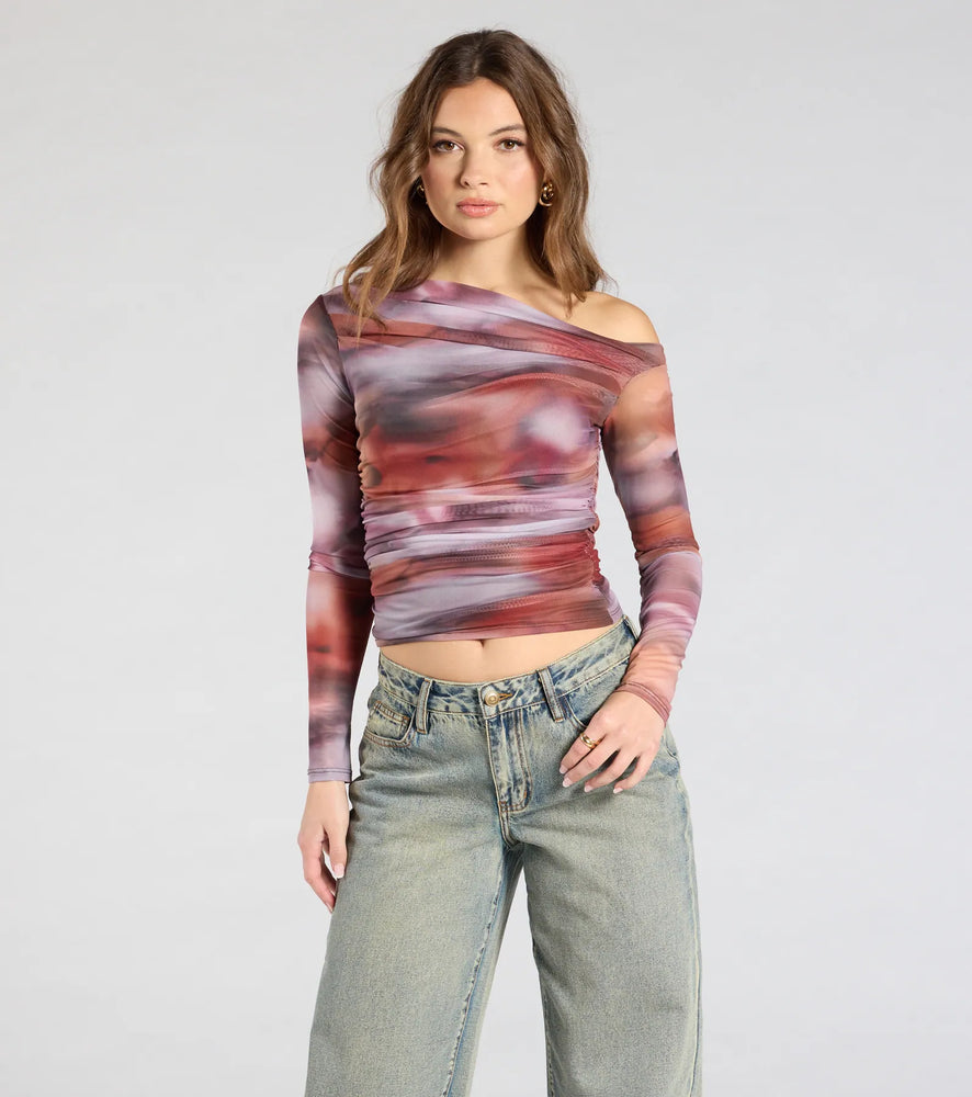 Windsor Wildly Chic Long Sleeve Abstract Print Crop Top